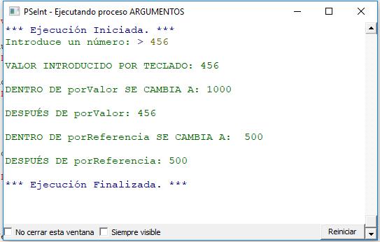 Resultado ejemplo argumentos valor y referencia
